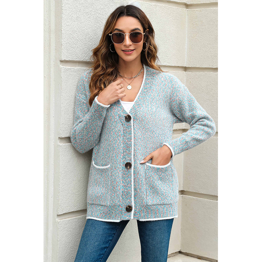 V For City Women's Color Block Button Down Long Sleeve V-Neck Cardigan with Pockets