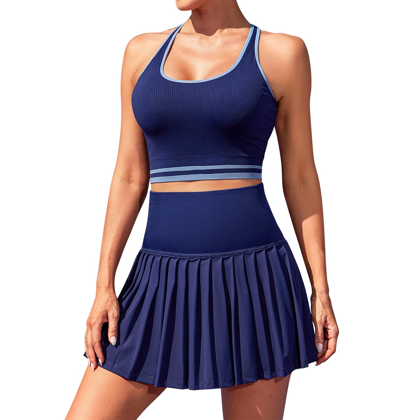 High Waist Pleated Skirt Two Piece Tennis Dress-AMB20575