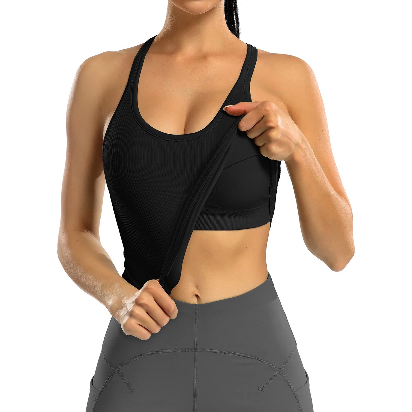 Attraco Women's Ribbed Workout Crop Tops with Built in Bra Yoga Racerback Tank Top Sport Tops Activewear Tops