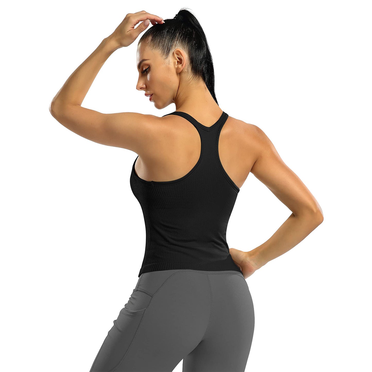 Attraco Women's Ribbed Workout Crop Tops with Built in Bra Yoga Racerback Tank Top Sport Tops Activewear Tops