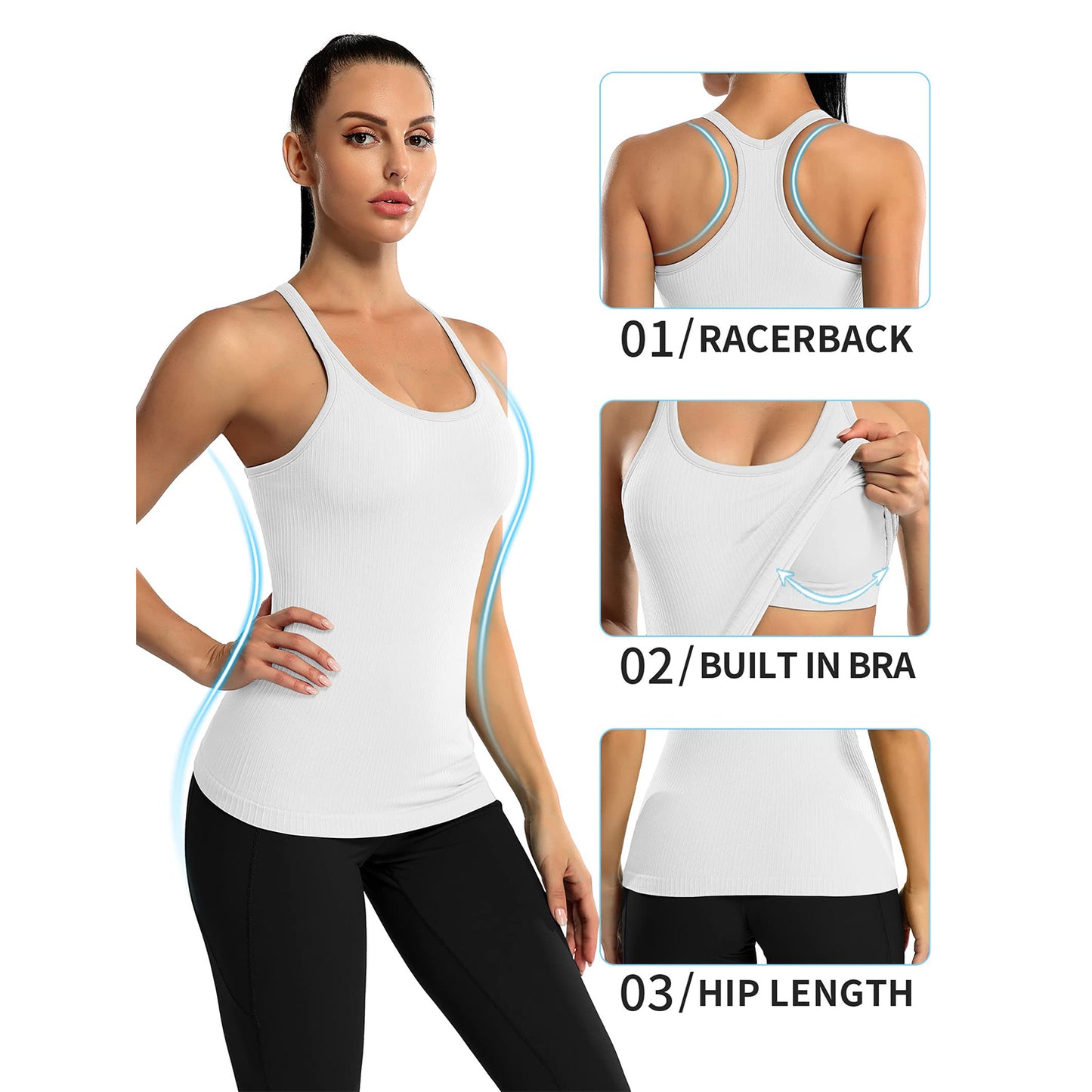 Attraco Women's Ribbed Workout Tank Tops with Built in Bra Tight Racerback Scoop Neck Athletic Top