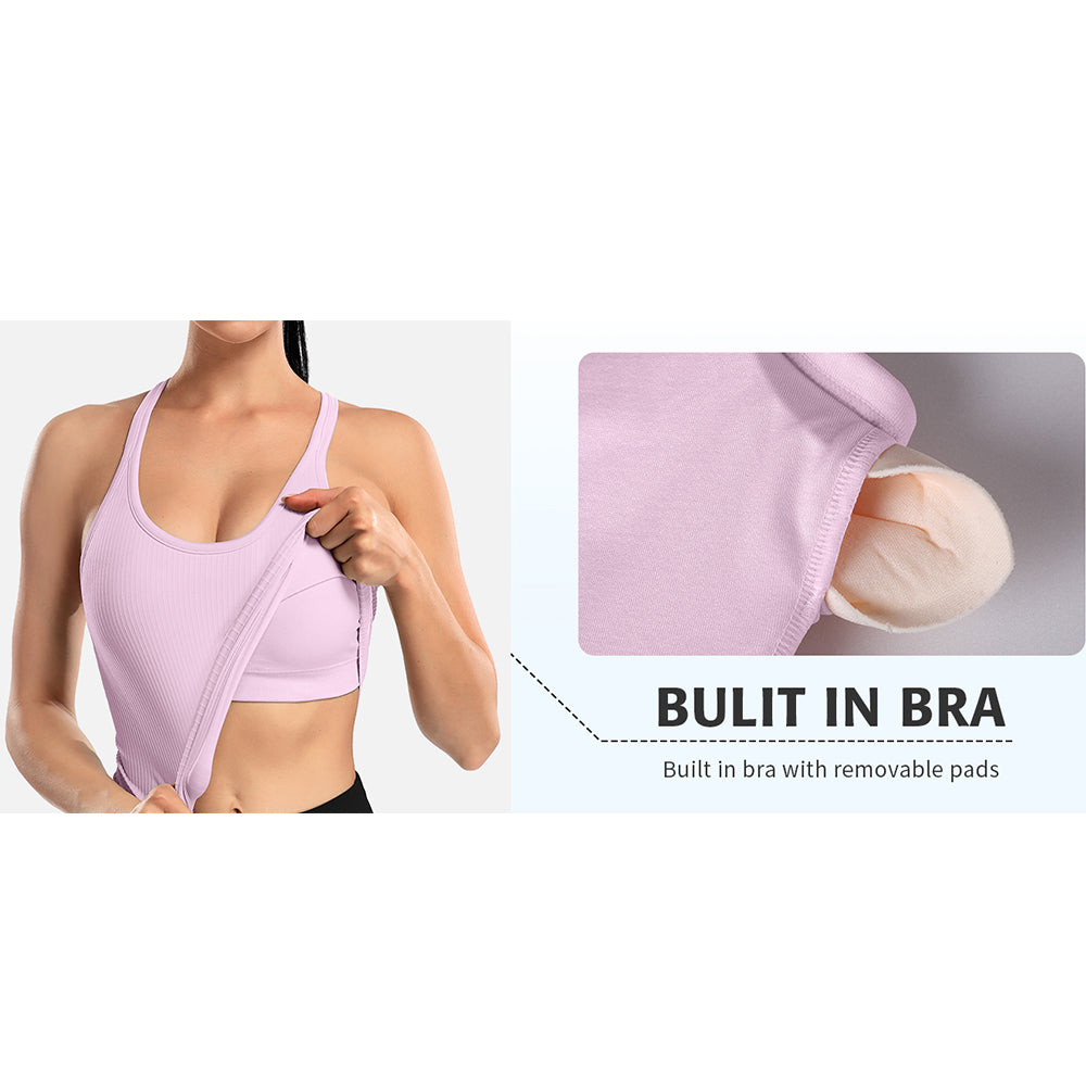 Attraco Women's Ribbed Workout Crop Tops with Built in Bra Yoga Racerback Tank Top Sport Tops Workout Tops