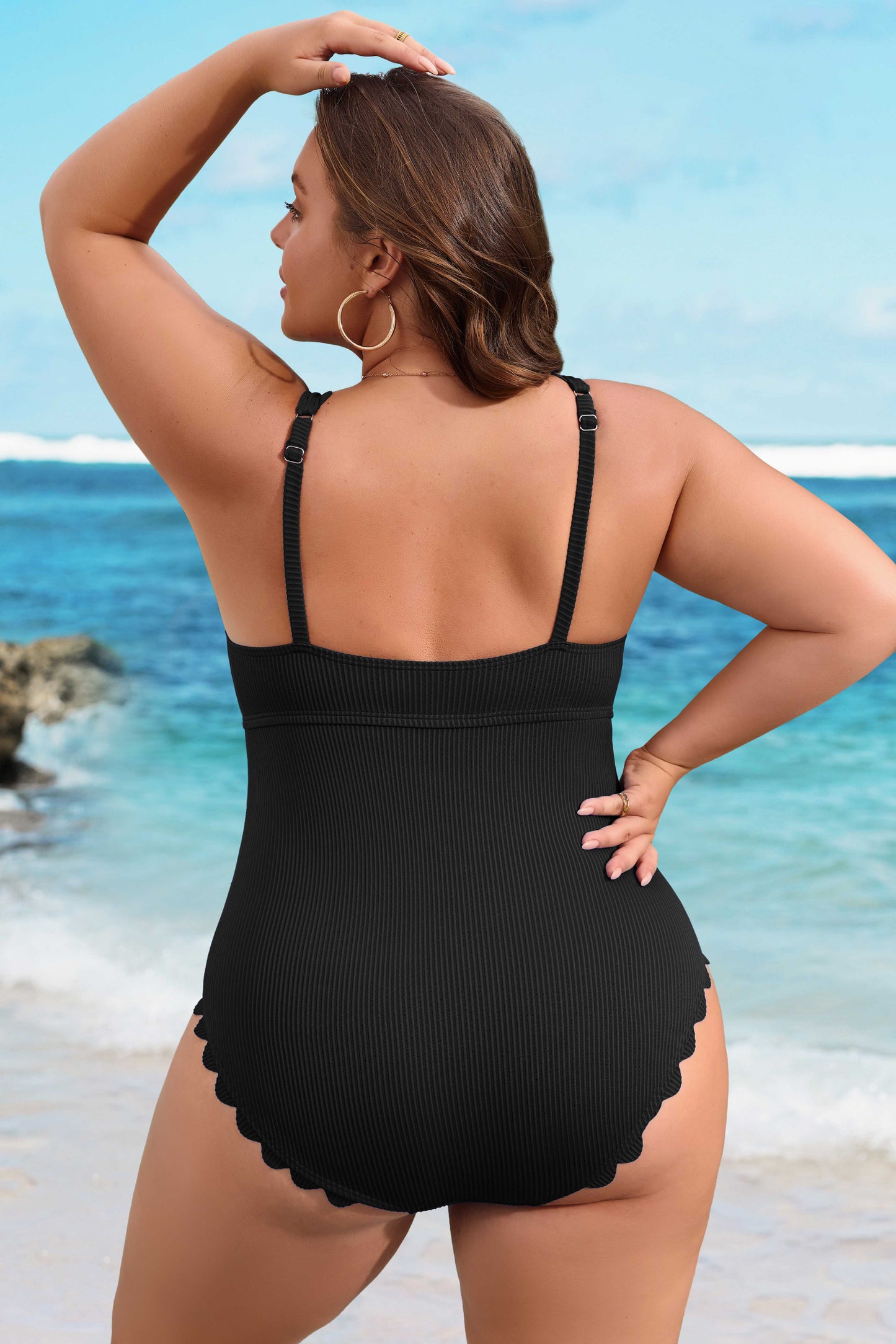 Plus Size Scalloped Ribbed One Piece Swimsuit-11216