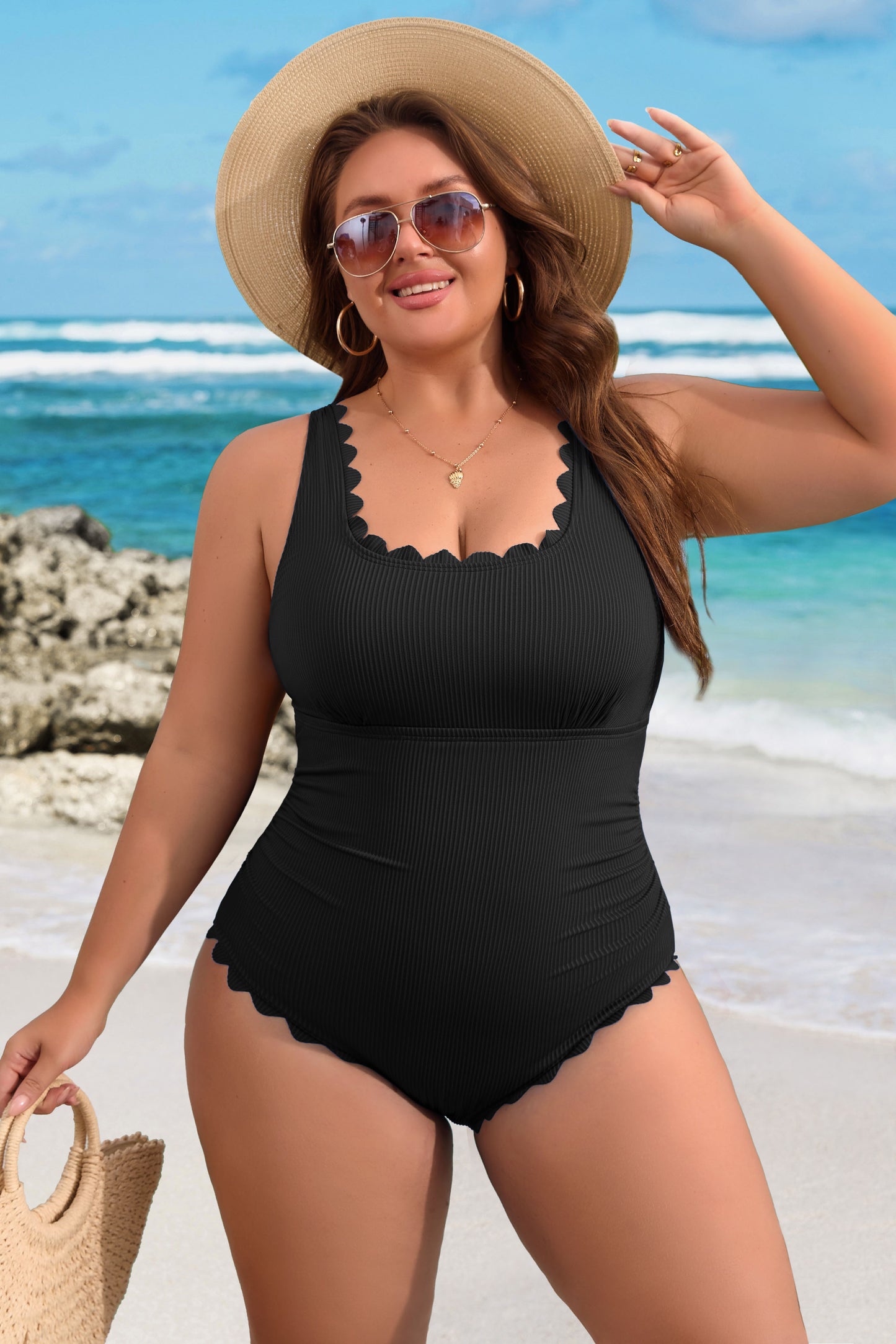 Plus Size Scalloped Ribbed One Piece Swimsuit-11216