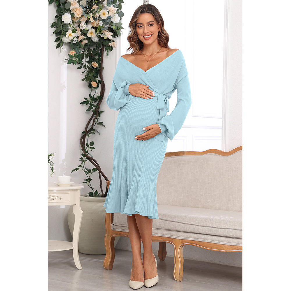 V For City Women's Warp V-Neck Puff Sleeves Pleat A-Line Maternity Dress with Waist Belt Tie