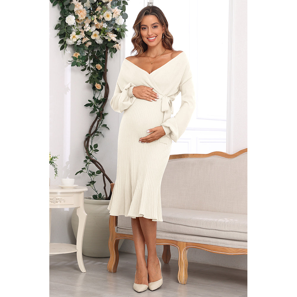 V For City Women's Warp V-Neck Puff Sleeves Pleat A-Line Maternity Dress with Waist Belt Tie