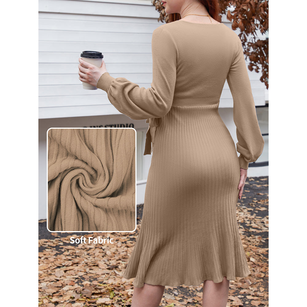 V For City Women's Warp V-Neck Puff Sleeves Pleat A-Line Maternity Dress with Waist Belt Tie