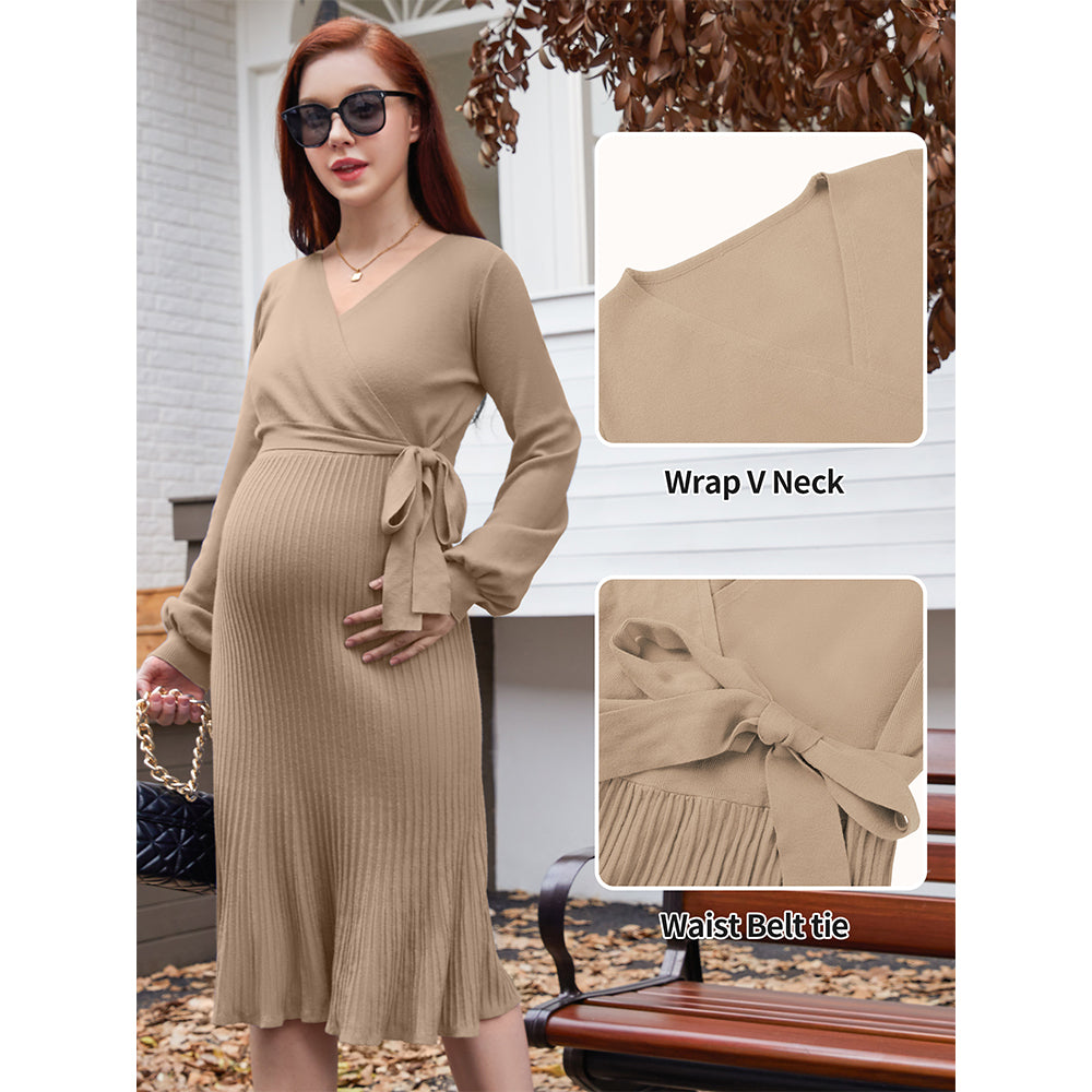 V For City Women's Warp V-Neck Puff Sleeves Pleat A-Line Maternity Dress with Waist Belt Tie
