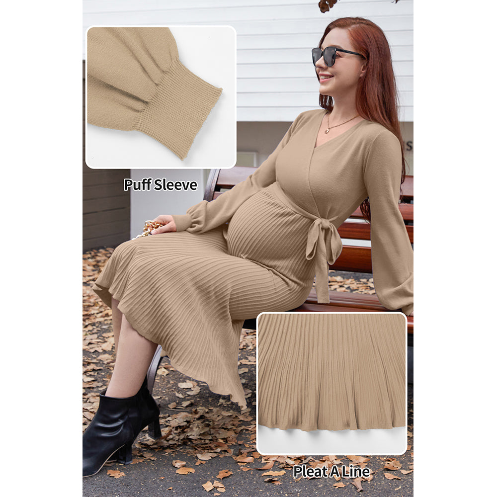 V For City Women's Warp V-Neck Puff Sleeves Pleat A-Line Maternity Dress with Waist Belt Tie
