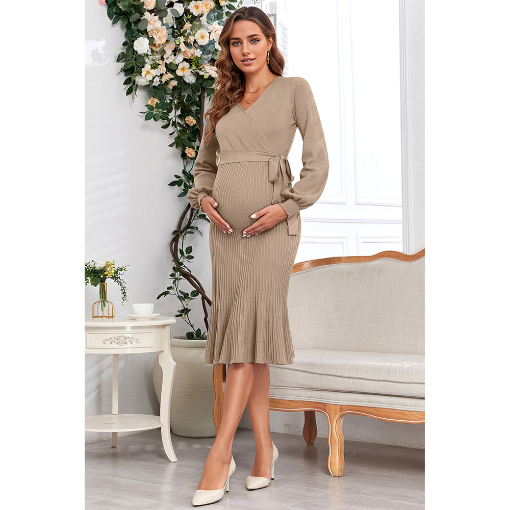 V For City Women's Warp V-Neck Puff Sleeves Pleat A-Line Maternity Dress with Waist Belt Tie