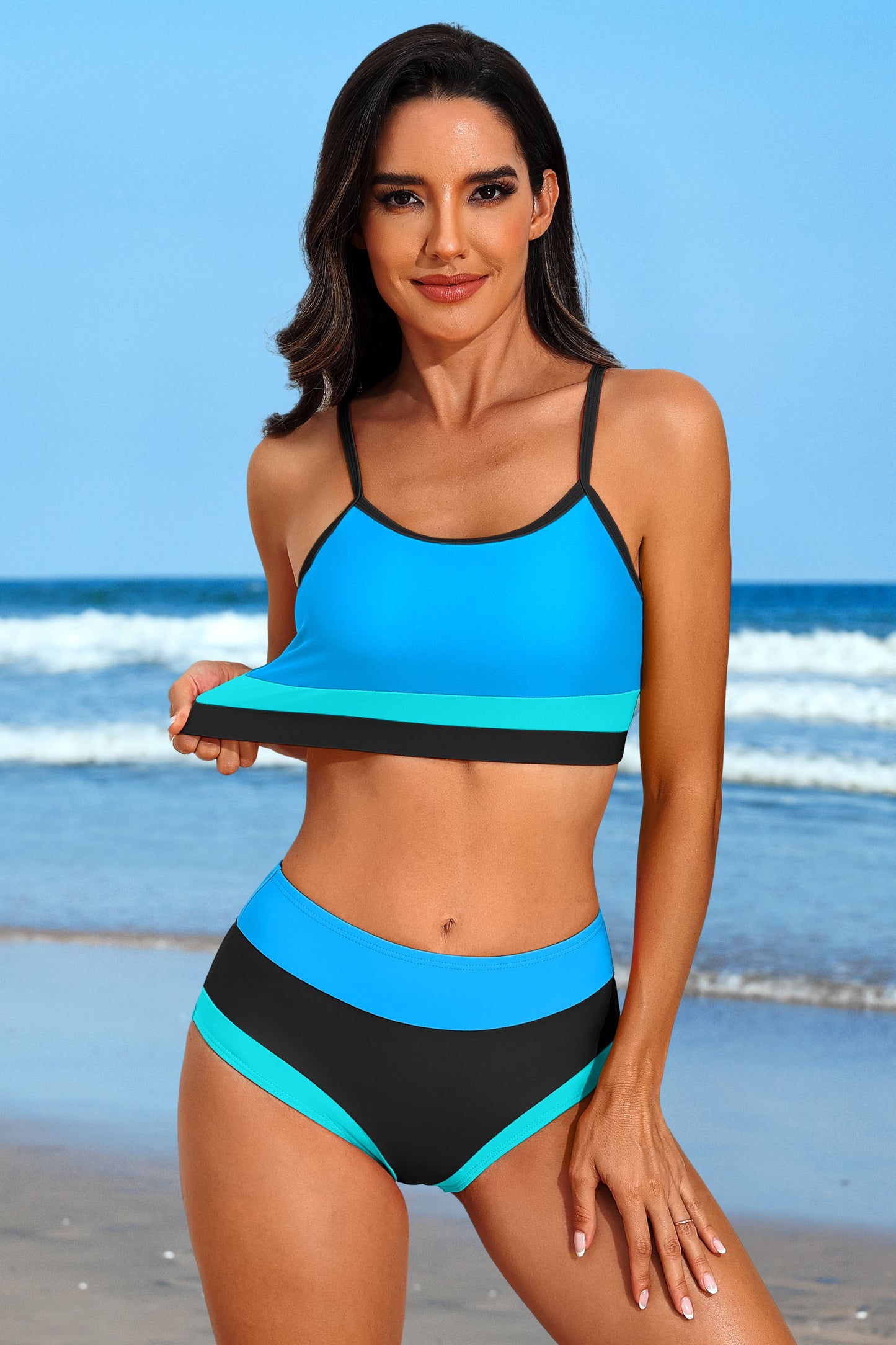 Color Block Two Piece Swimsuit Crop Top Bikini Set-7860