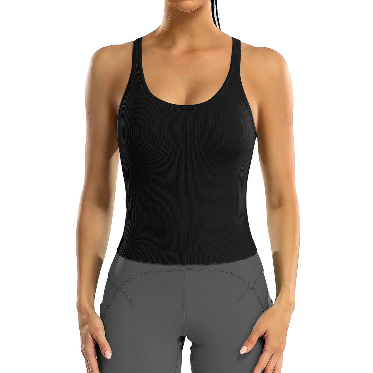 Attraco Women's Ribbed Workout Crop Tops with Built in Bra Yoga Racerback Tank Top Sport Tops Activewear Tops