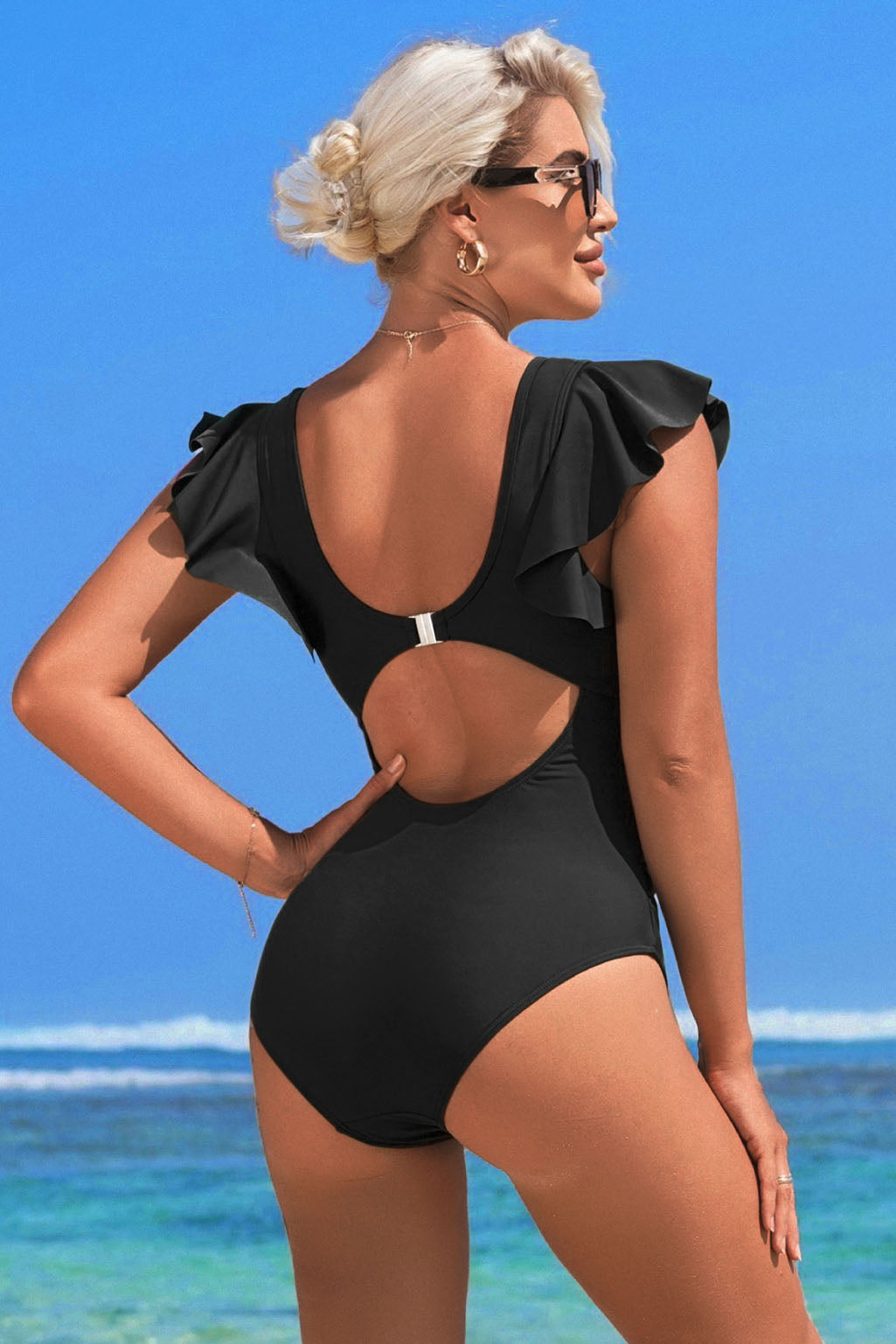 Ruffled One-Piece Swimsuit with Deep V & Open Back-10266