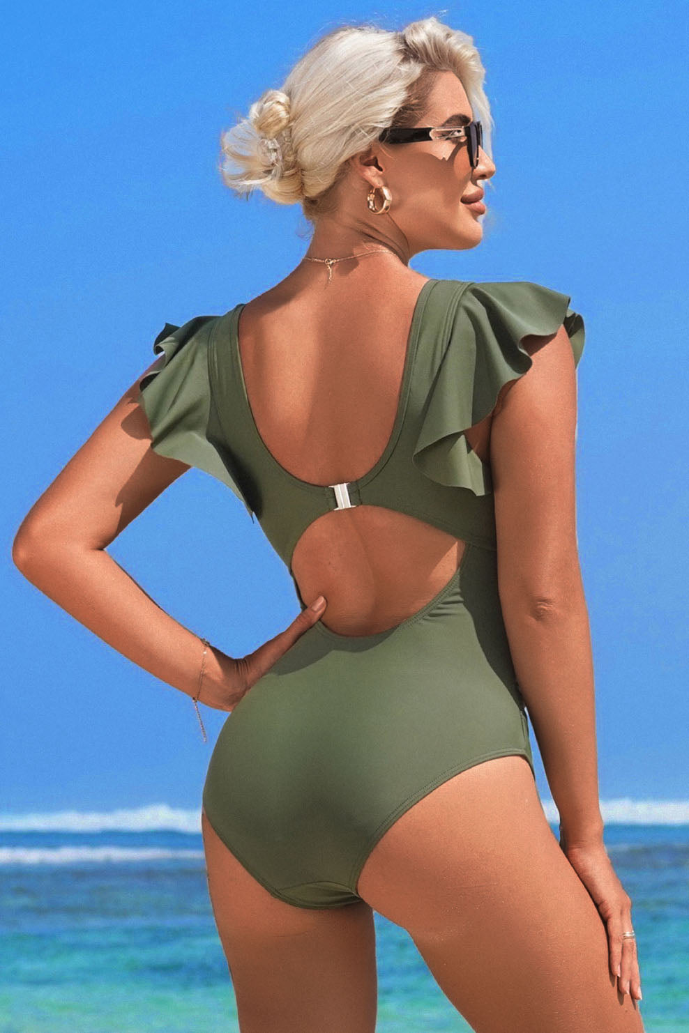 Ruffled One-Piece Swimsuit with Deep V & Open Back-10266