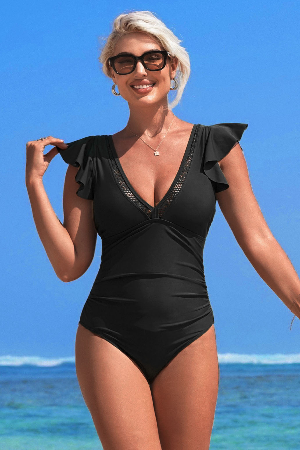 Ruffled One-Piece Swimsuit with Deep V & Open Back-10266