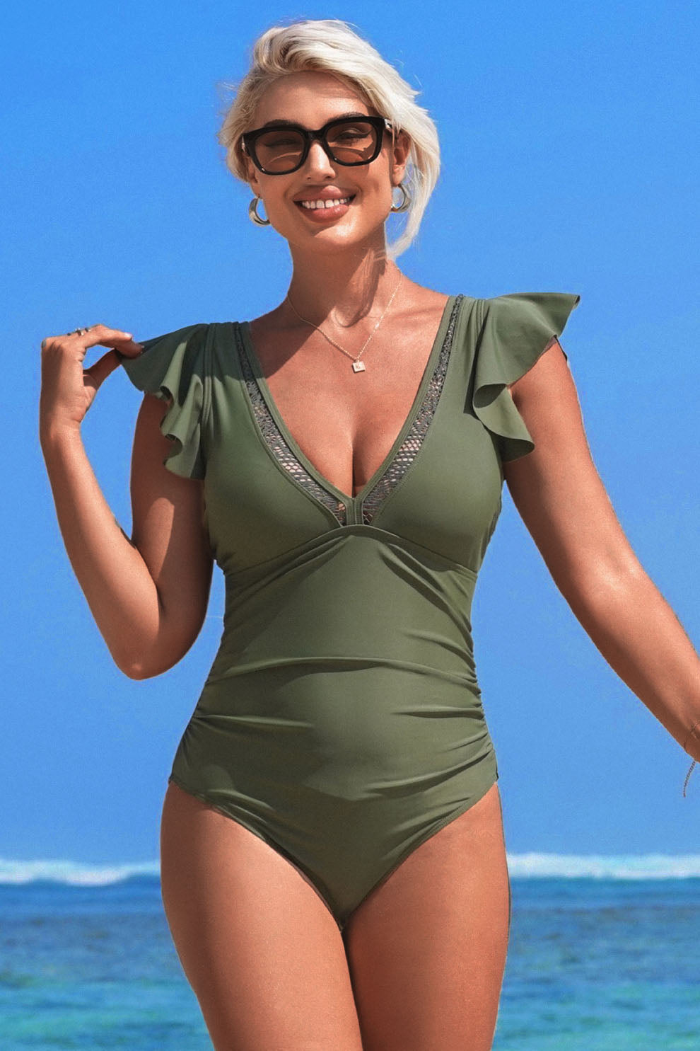 Ruffled One-Piece Swimsuit with Deep V & Open Back-10266