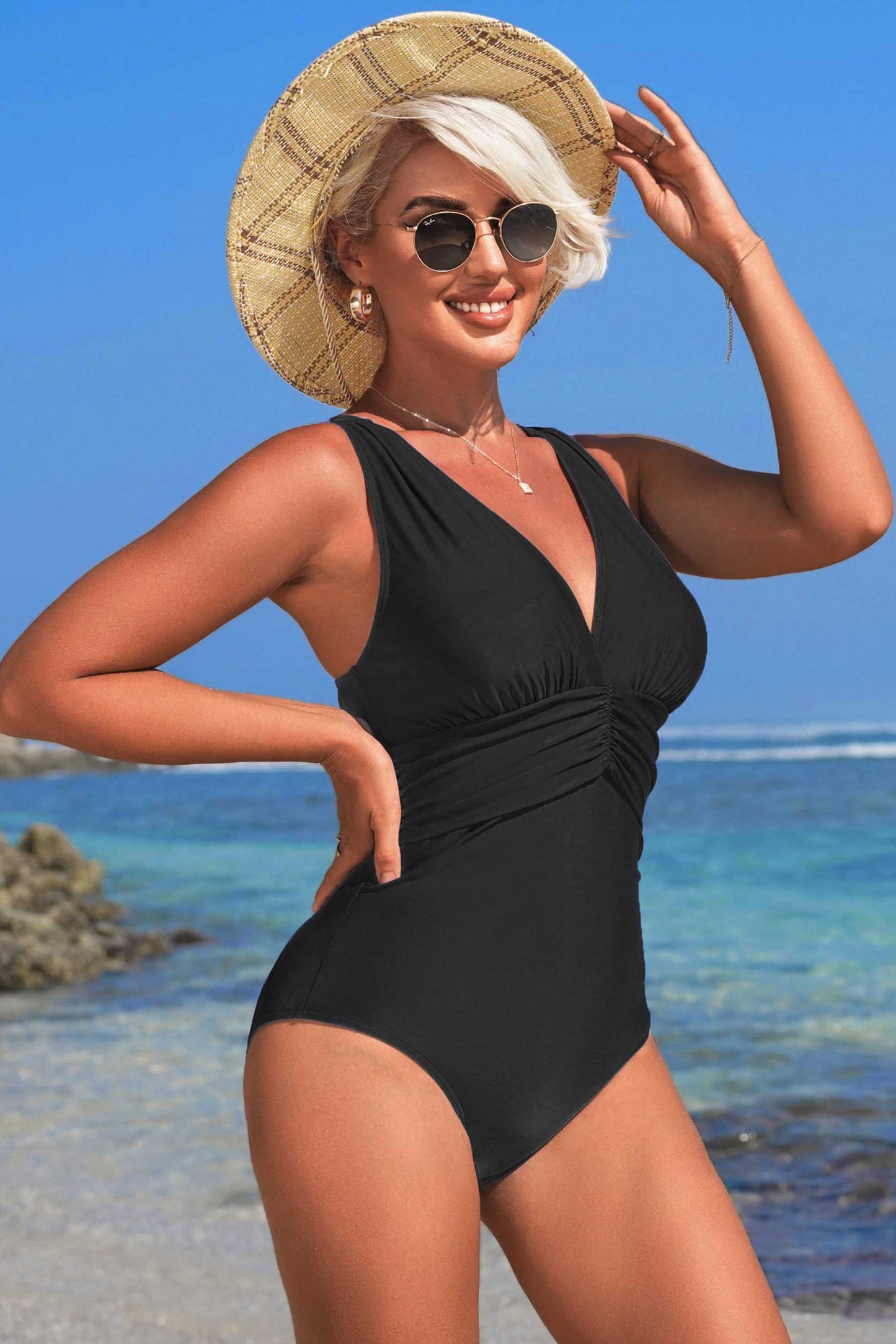 Plunge V-Neck Tummy Control Bathing Suits-10100