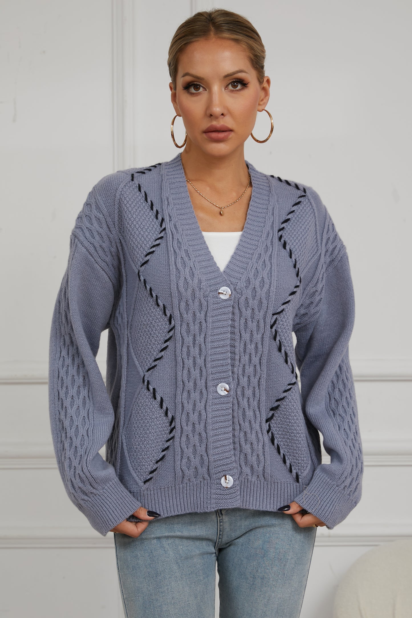 V For City Women's Cable-Knit V Neck Long Sleeve Button Down Cardigan with Contrast Stitching