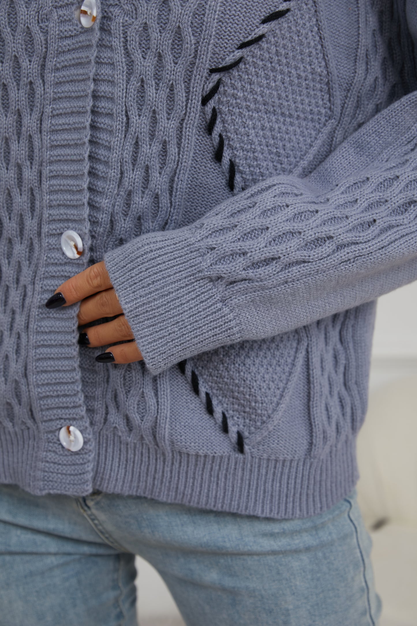 V For City Women's Cable-Knit V Neck Long Sleeve Button Down Cardigan with Contrast Stitching