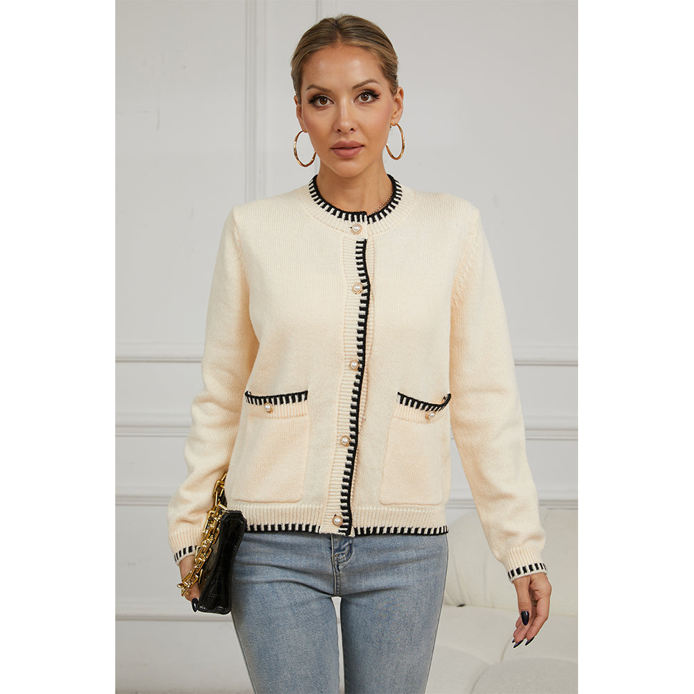 V For City Women's Knit Round Neck Long Sleeve Button Down Cardigan with Contrast Trim and Pockets