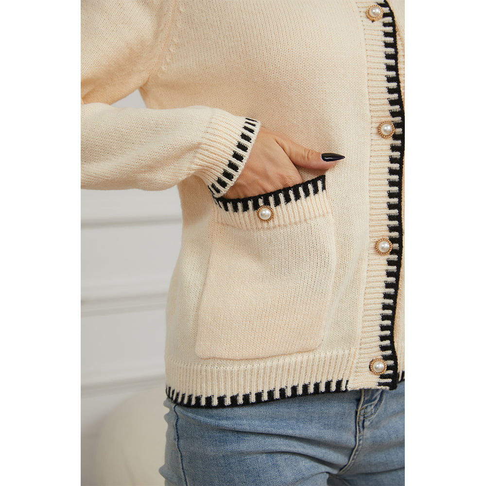 V For City Women's Knit Round Neck Long Sleeve Button Down Cardigan with Contrast Trim and Pockets