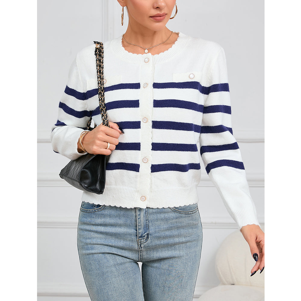 V For City Women's Striped Crochet Knit Long Sleeve Round Neck Open Front Cardigan Sweaters