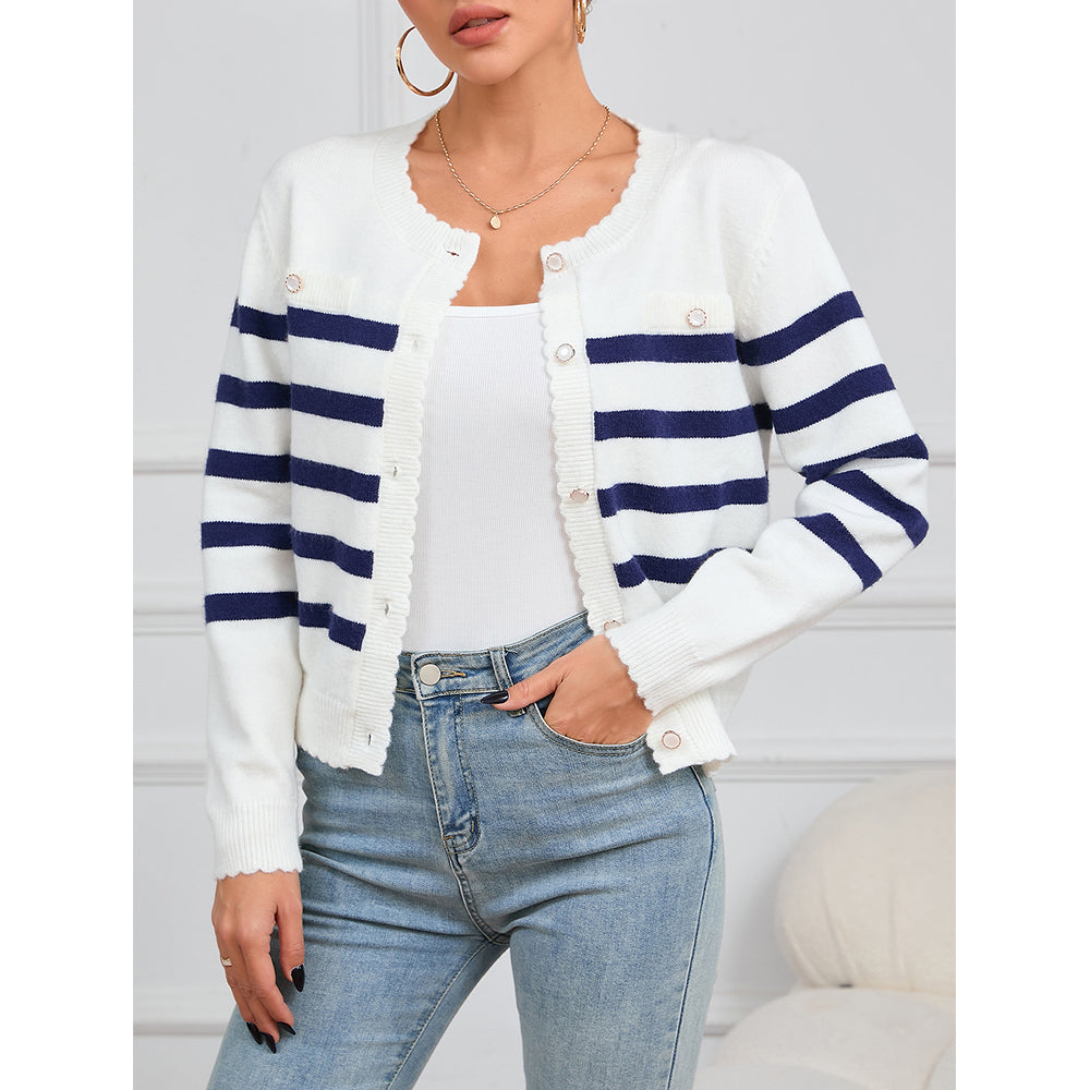 V For City Women's Striped Crochet Knit Long Sleeve Round Neck Open Front Cardigan Sweaters