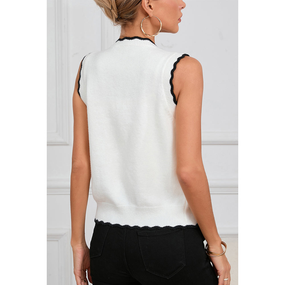 V For City Women's Contrast Trim Scallop Edge Knit Vest Cardigan Sweater For Winter