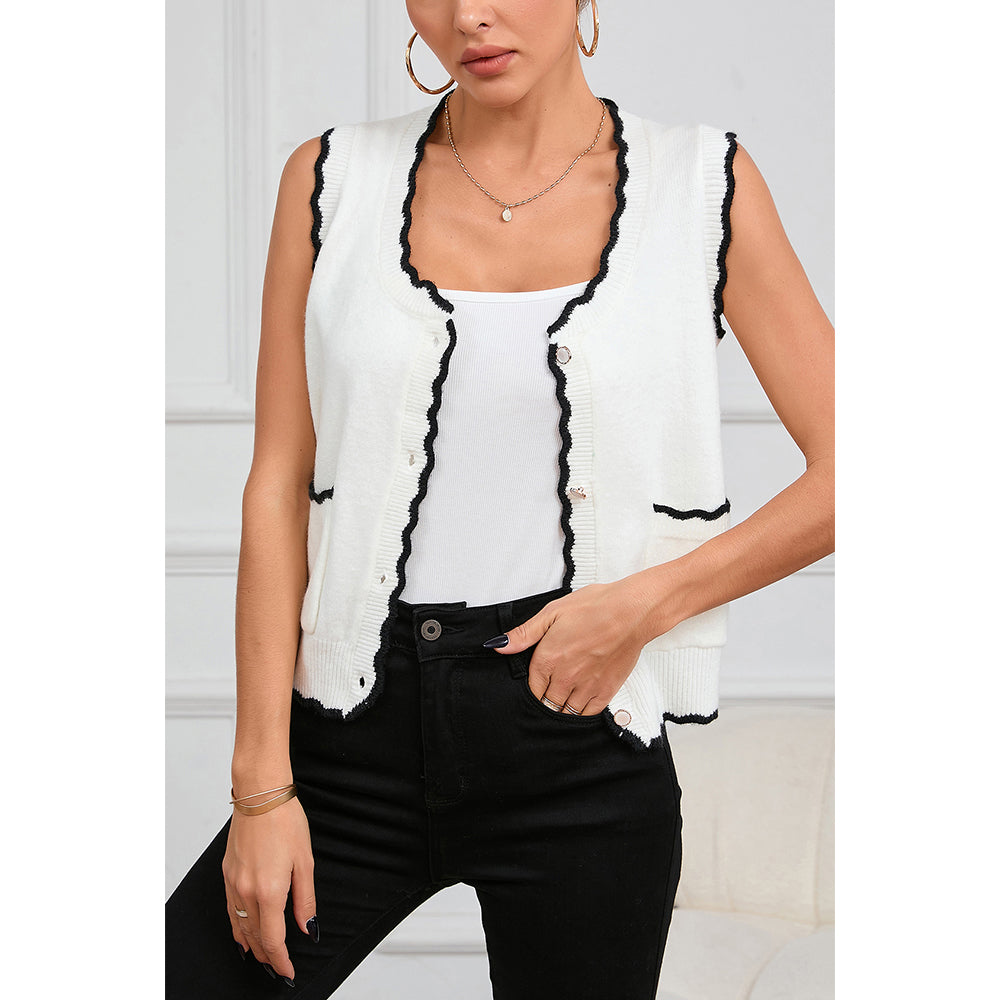 V For City Women's Contrast Trim Scallop Edge Knit Vest Cardigan Sweater For Winter