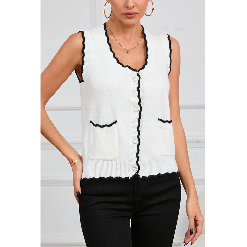 V For City Women's Contrast Trim Scallop Edge Knit Vest Cardigan Sweater For Winter