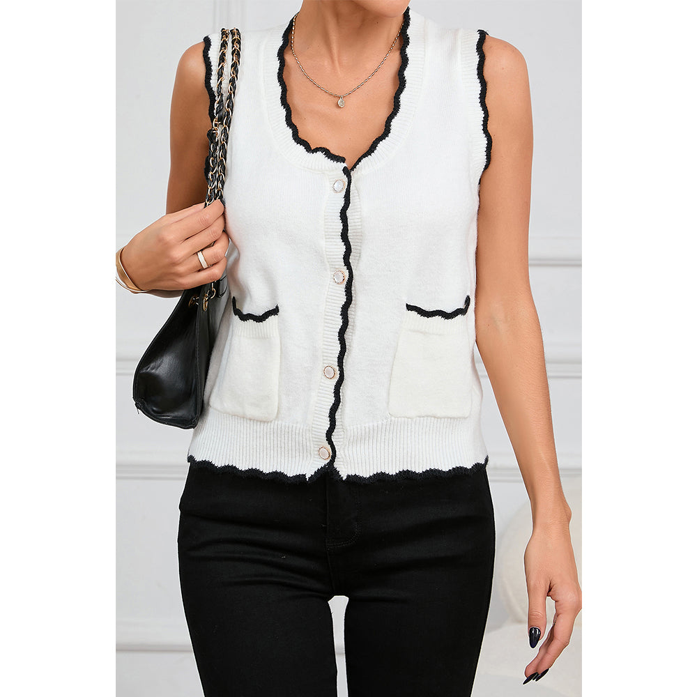 V For City Women's Contrast Trim Scallop Edge Knit Vest Cardigan Sweater For Winter