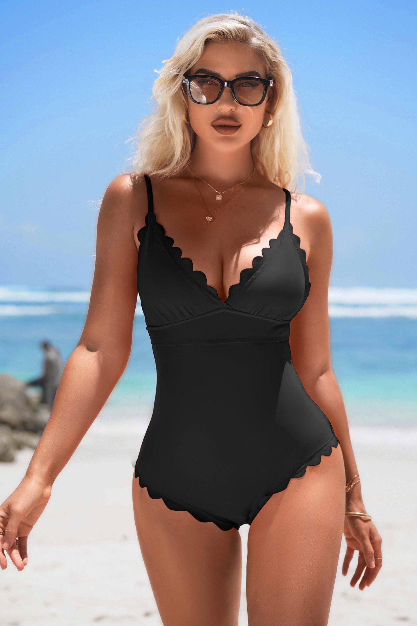 Ruched Tummy Control Scalloped One Piece Swimsuit-1336