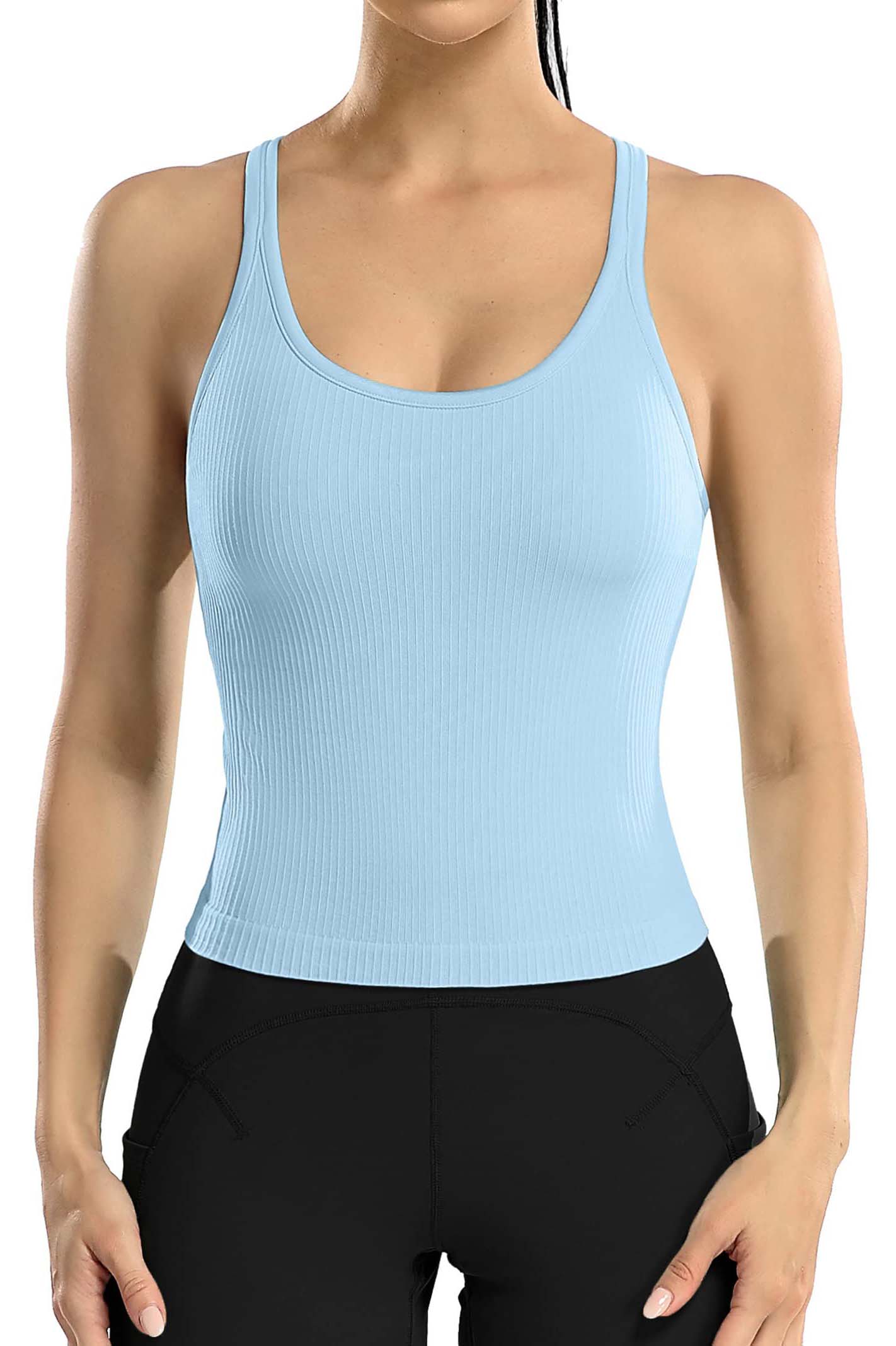 Women Ribbed Workout Crop Tops with Built in Bra Yoga Racerback Tank Top -2399