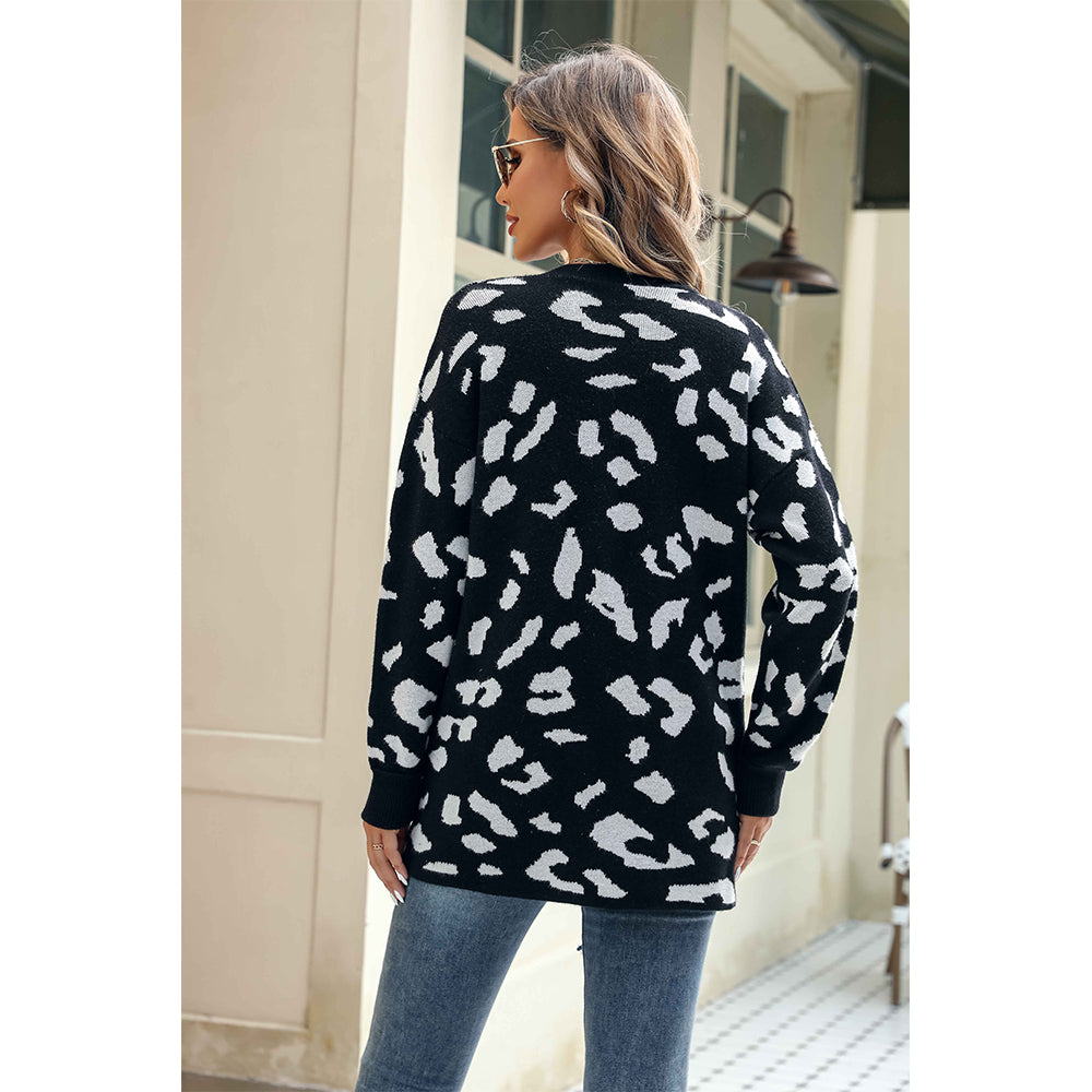 V For City Women's Black and White Leopard Print Open-Front Longline Cardigan