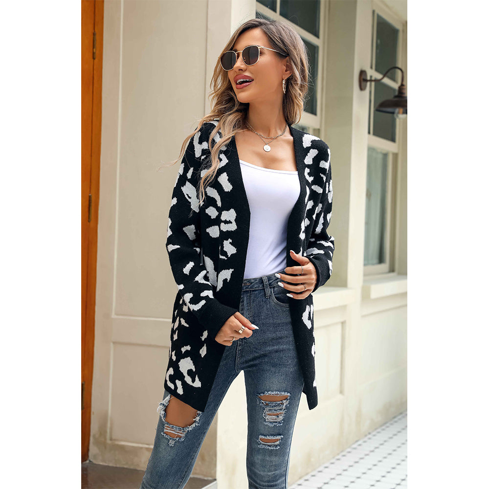 V For City Women's Black and White Leopard Print Open-Front Longline Cardigan