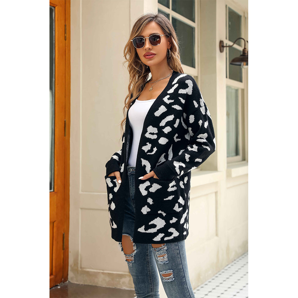 V For City Women's Black and White Leopard Print Open-Front Longline Cardigan