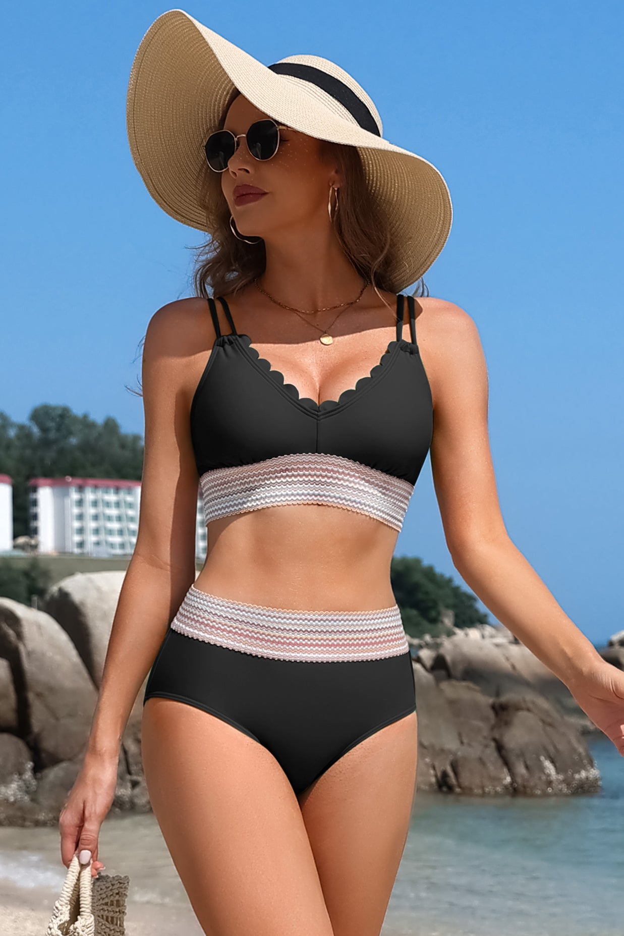 Scalloped Color Block High Waisted Bikini Set-70028