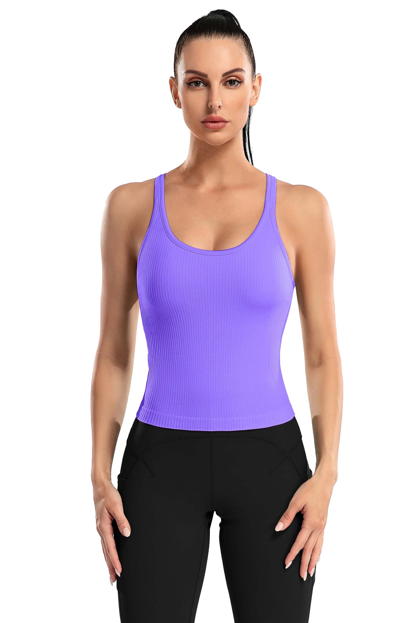Women Ribbed Workout Crop Tops with Built in Bra Yoga Racerback Tank Top -2399