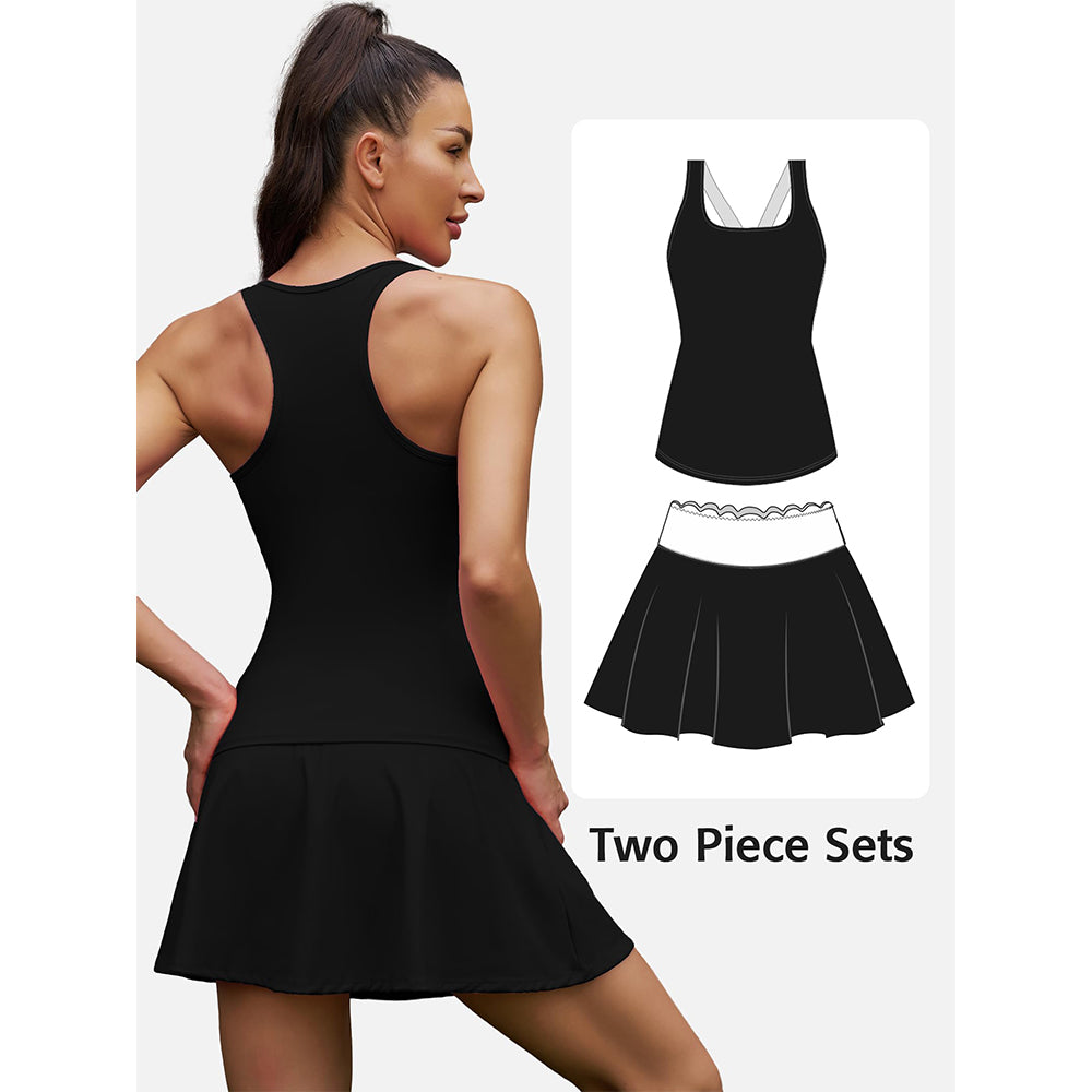 Attraco Women's 2 Piece Tennis Dress with Built-in Shorts Scalloped Golf Dress Racerback Athletic Skirts