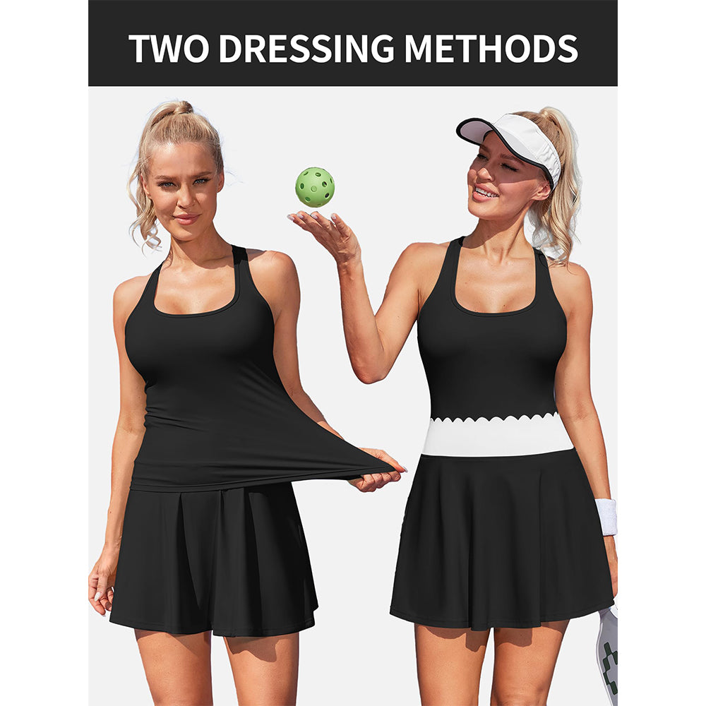 Attraco Women's 2 Piece Tennis Dress with Built-in Shorts Scalloped Golf Dress Racerback Athletic Skirts