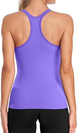 Ribbed Workout Tank Tops for Women with Built in Bra Tight Racerback Scoop Neck Athletic Top-2295