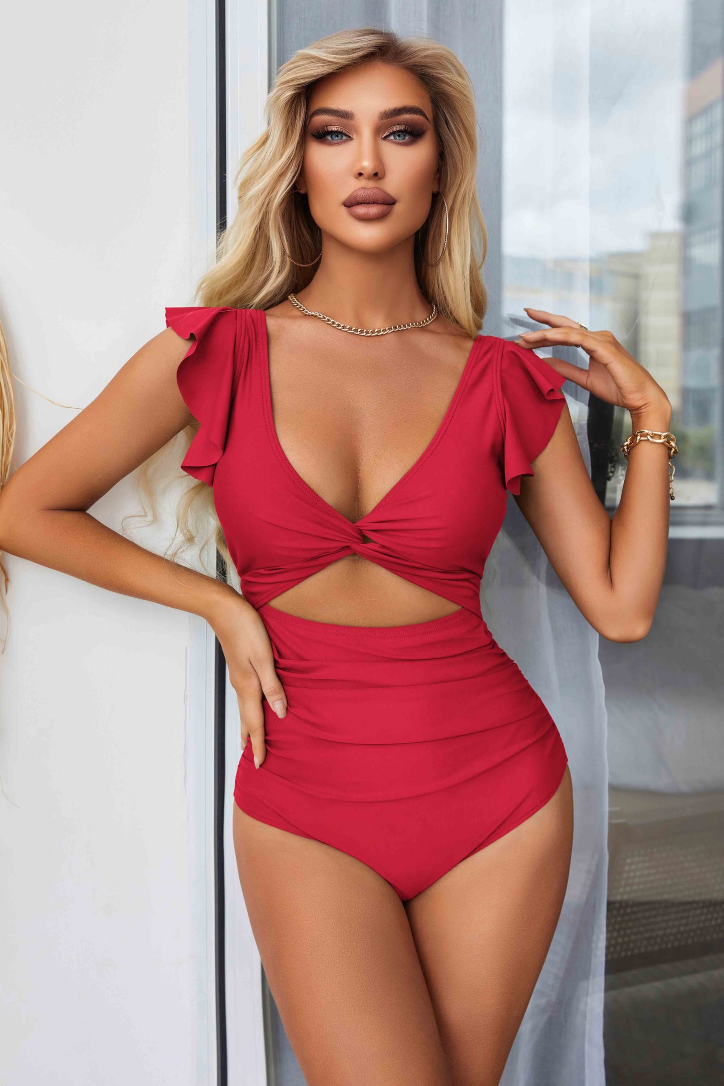 Twist Cut Out Ruched Side One Piece Swimsuit-1709