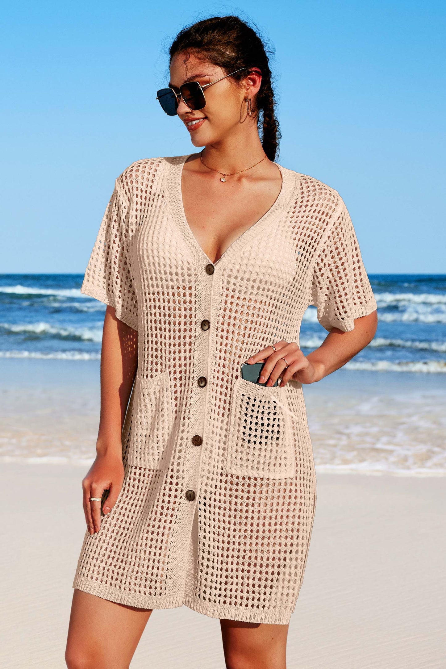 Crochet Hollow Out V Neck Button Down Cover Ups with Two Front Pockets