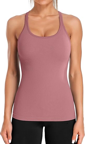Ribbed Workout Tank Tops for Women with Built in Bra Tight Racerback Scoop Neck Athletic Top-2295