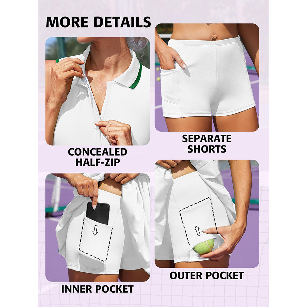 Attraco Women's Tennis Dresses Ribbed Polo Golf Dress Half Zip Pleated Workout Dress with Built in Shorts and Bra