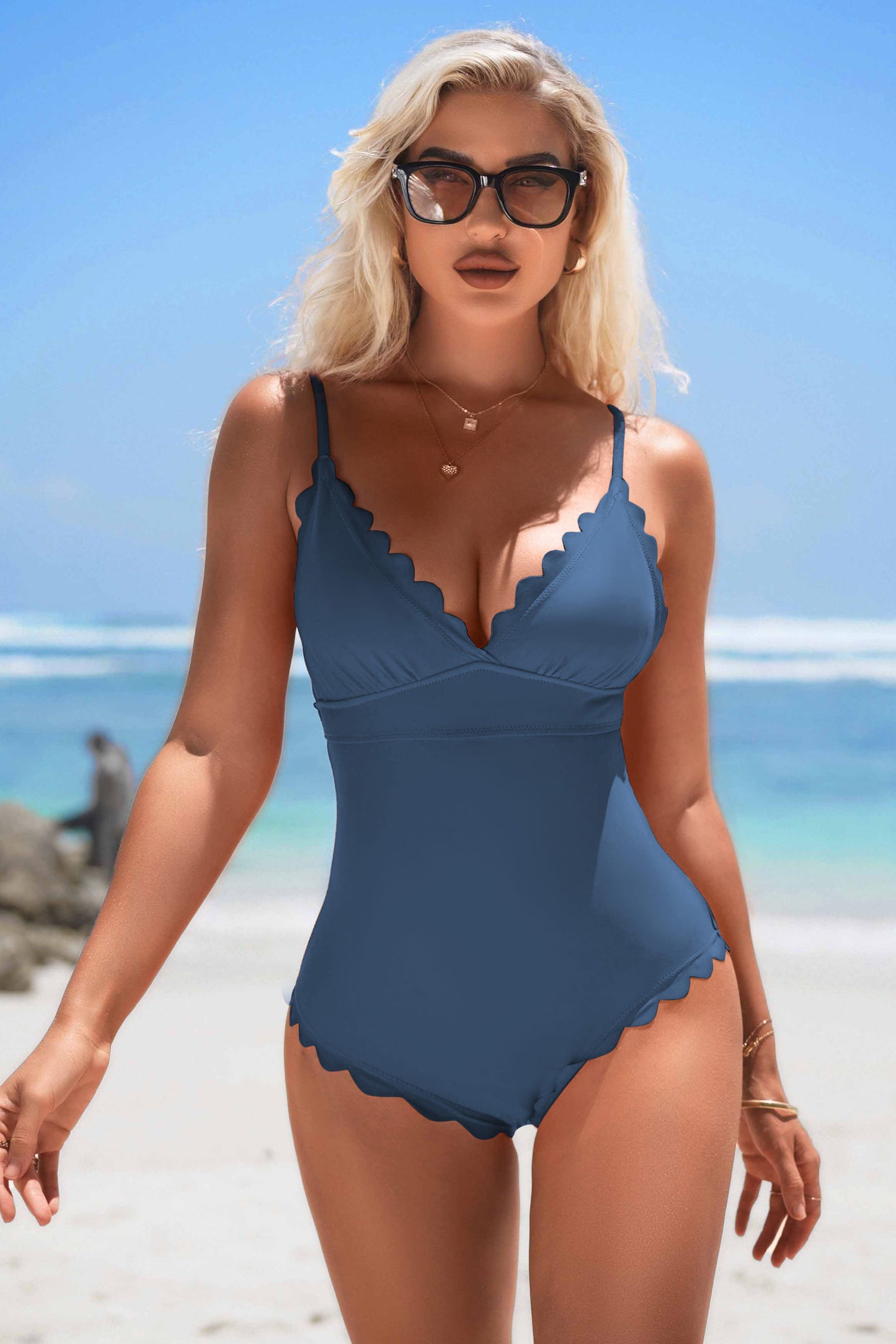 Ruched Tummy Control Scalloped One Piece Swimsuit-1336