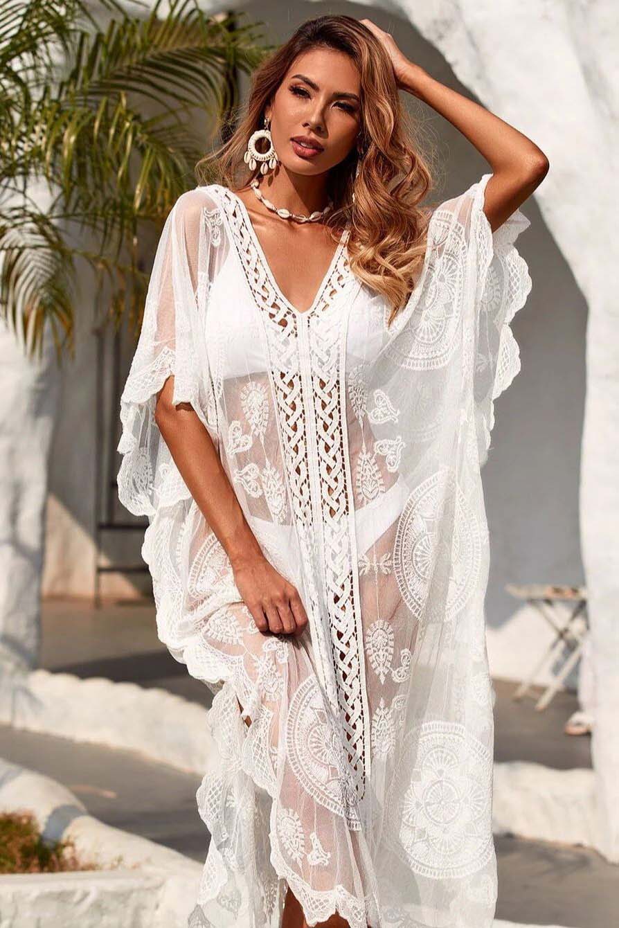 Contrast Lace Scallop Trim Dress Cover Ups-AL9802