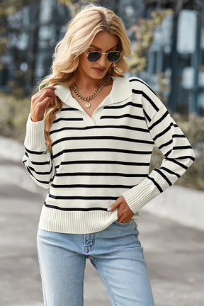 V-Neck Striped Ribbed Trim Collared Knit Sweater-AL9427