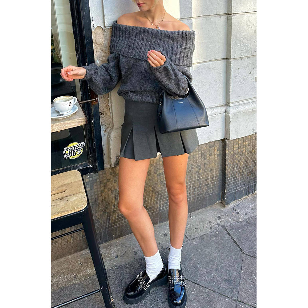 V For City Women's Autumn Winter Off-Shoulder Slim-Fit Solid Color Pullover Sweater