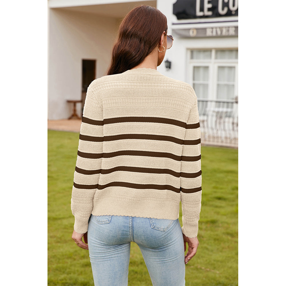 V For City Women's Striped Crochet Knit Long Sleeve Round Neck Open Front Cardigan Sweaters